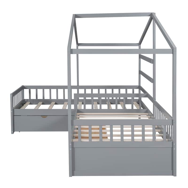 Gray Double Twin L-Shaped House Platform Bed with Drawers and Guardrail