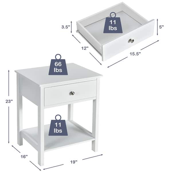 dimension image slide 2 of 3, Costway Nightstand with Drawer Storage Shelf Wooden Bedside Sofa Side