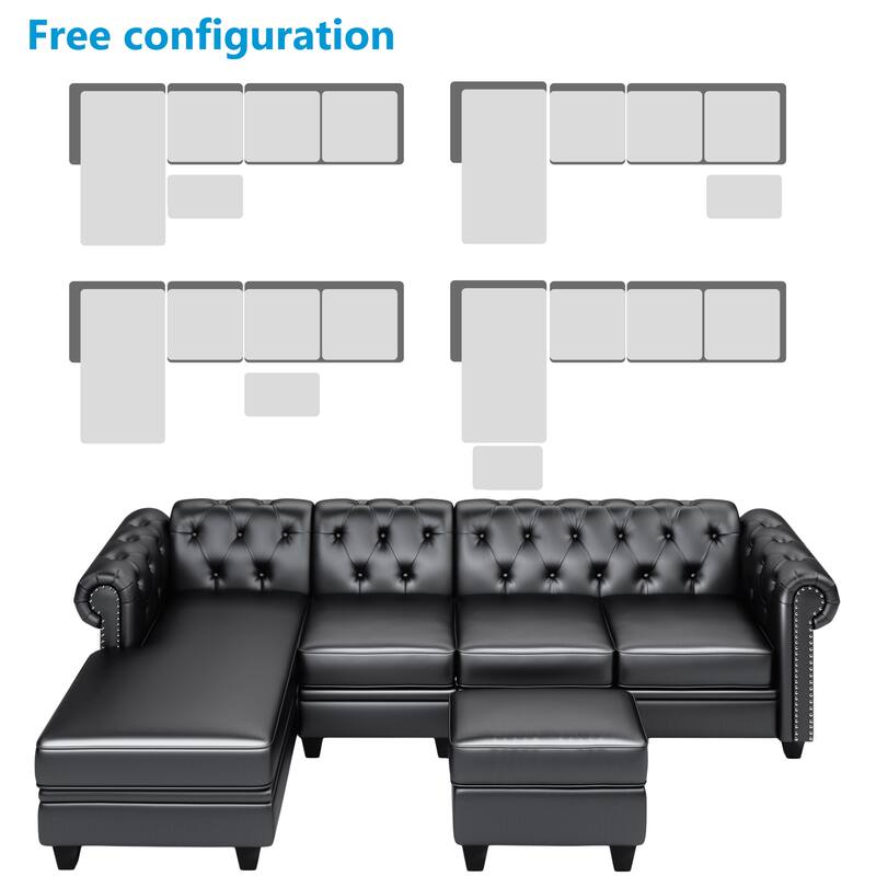 116" Chesterfield Sectional Sofa Set, PU Leather 4-Seat Living Room Set with Storage Ottoman ,Nailheaded