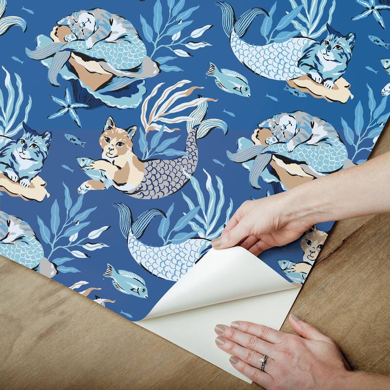 PrintFresh Meowing Mermaids Blue Peel and Stick Wallpaper