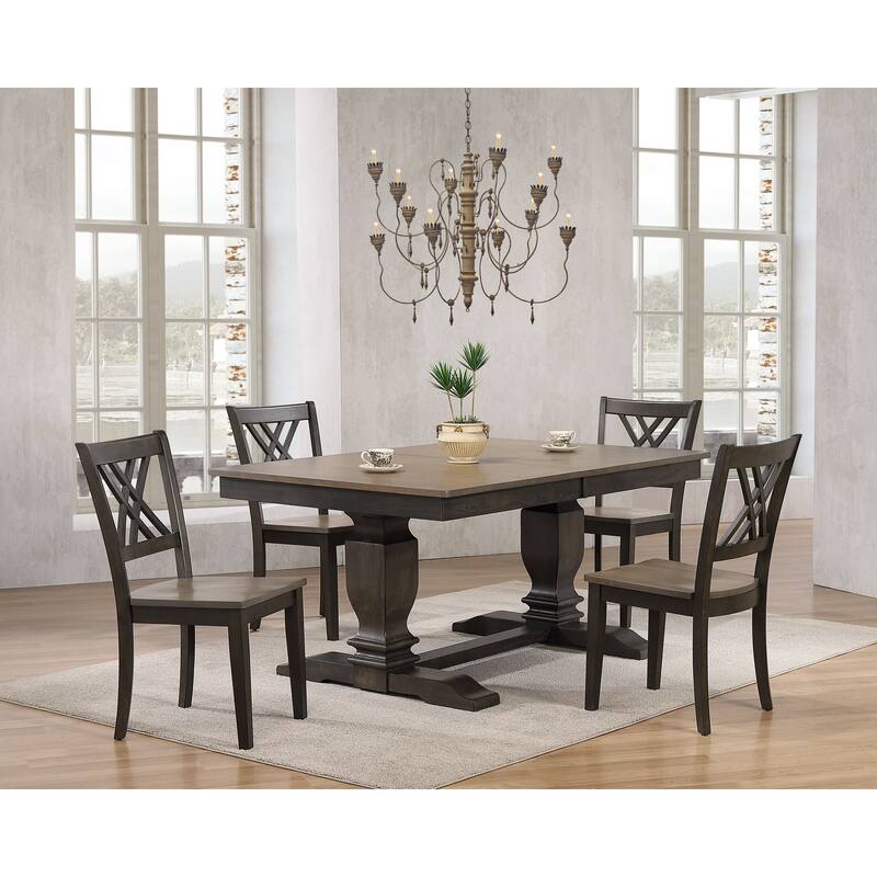 Double Transitional Pedestal Antiqued Grey Double X-Back 5-Piece Dining Set