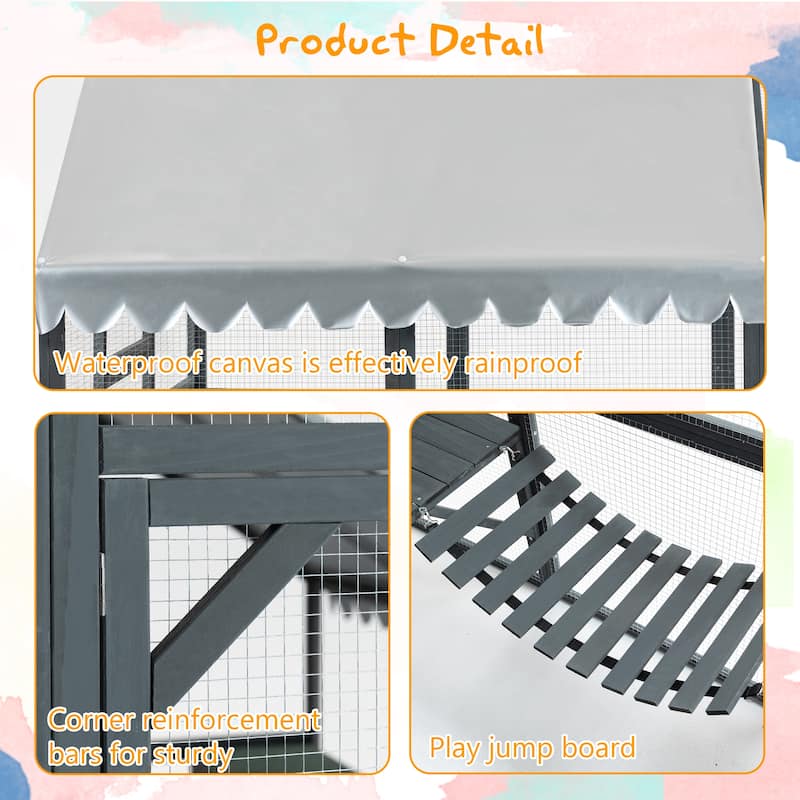 Large Outdoor Cat House - 28ft² Walk-In Wooden Catio with Cat Doors, Playpens, Bridges & Roof, Grey