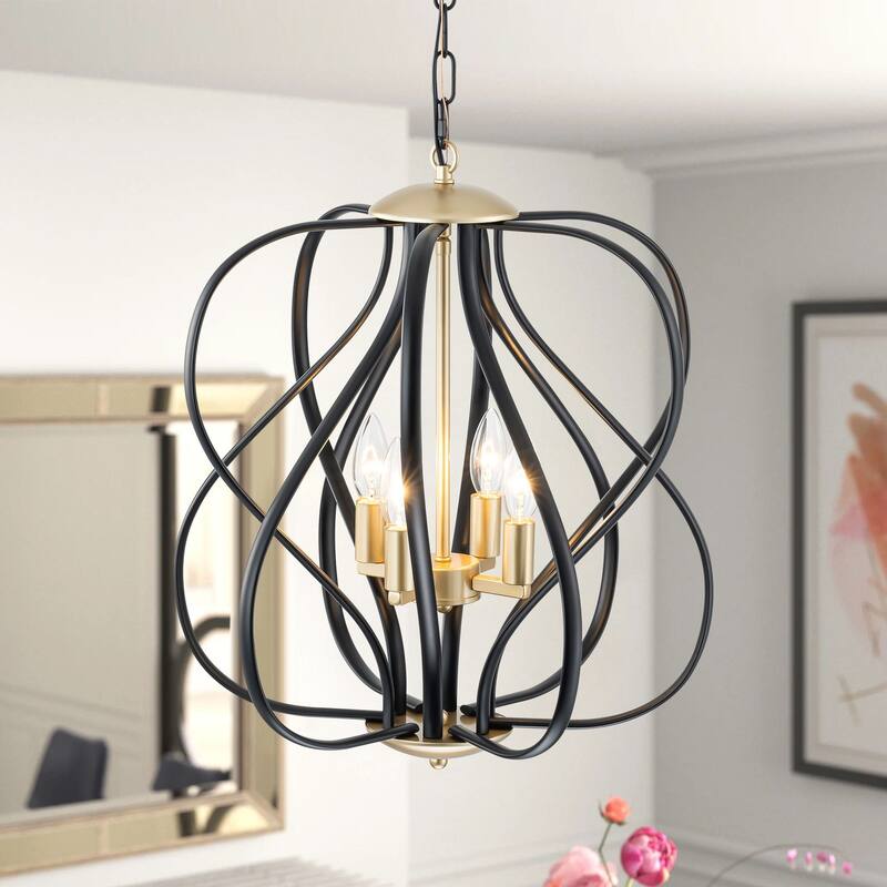 4-Light Mid-Century Modern Black and Gold Linear Geometric Pendant Light - 17.72 in. W x 20.47 in. D x 20.47 in. H - 17.72 in. W x 20.47 in. D x 20.47 in. H - Black