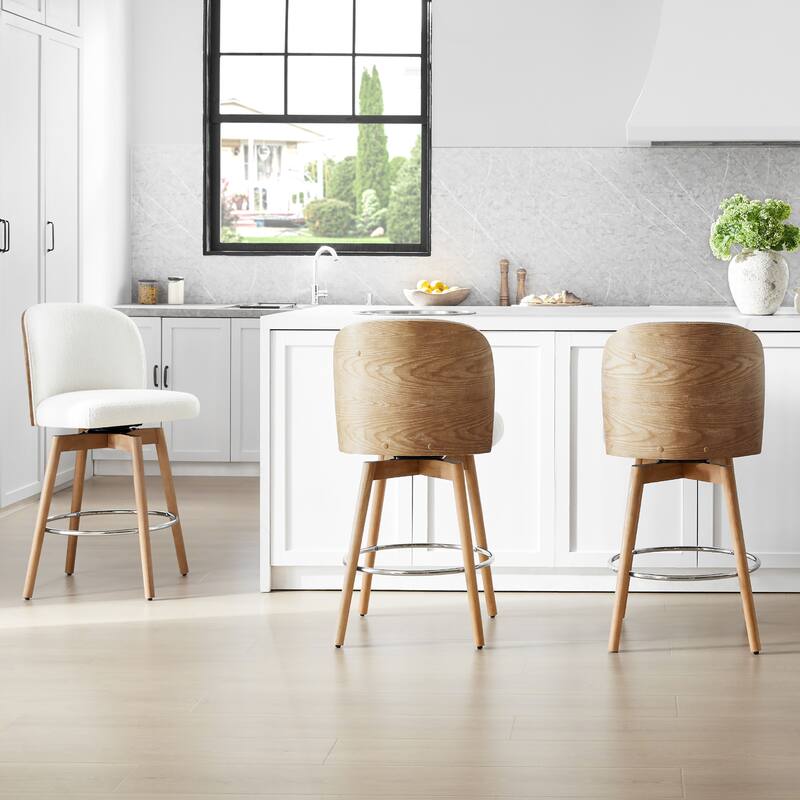 Tomlin Bentwood Upholstered Swivel Counter Stool Set Of 2 Off White Boucle