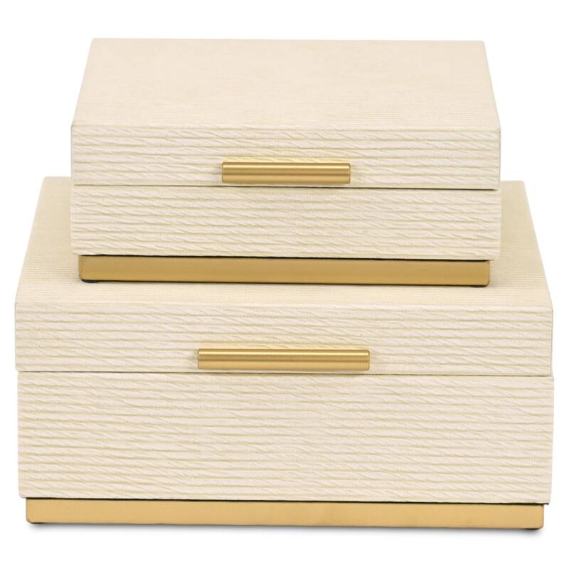 Eira Set of 2 Square Decorative Storage Boxes - Retro Stripe Pattern with Gold Hardware