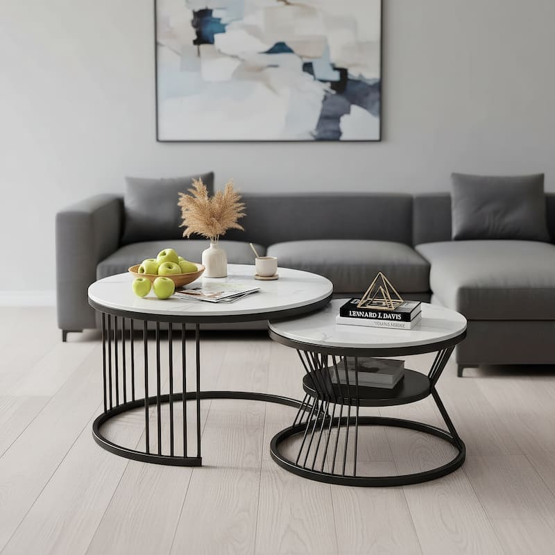 Round Modern Portable Nesting Dining Table Coffee Table (Set of 2)