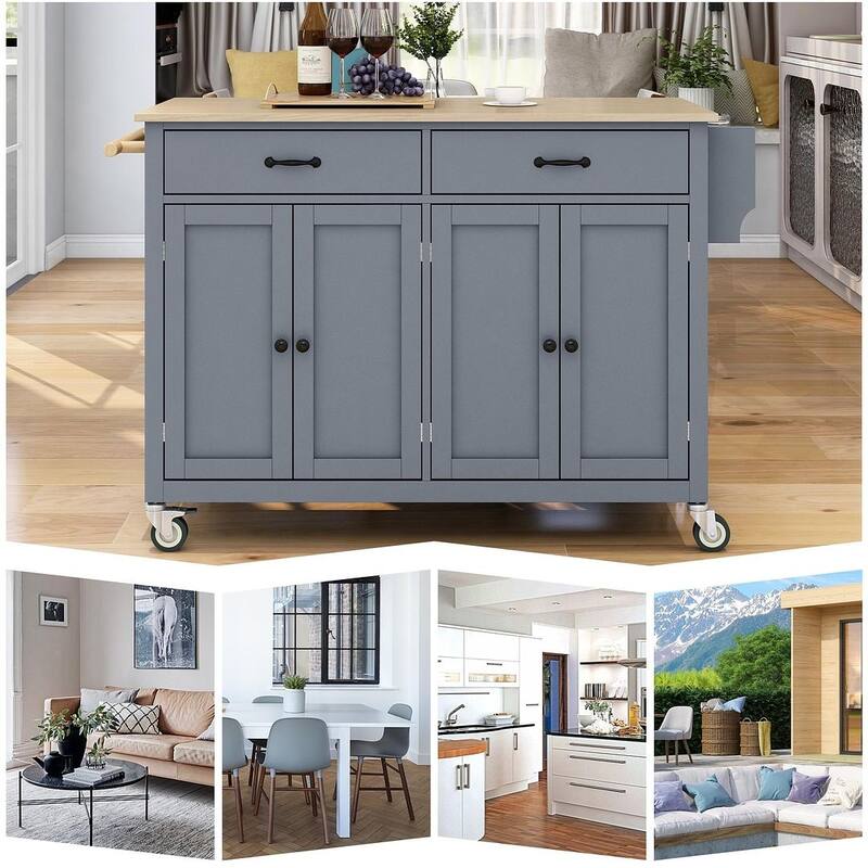 Kitchen Island Cart with Solid Wood Top, Locking Wheels, Spice & Towel Rack