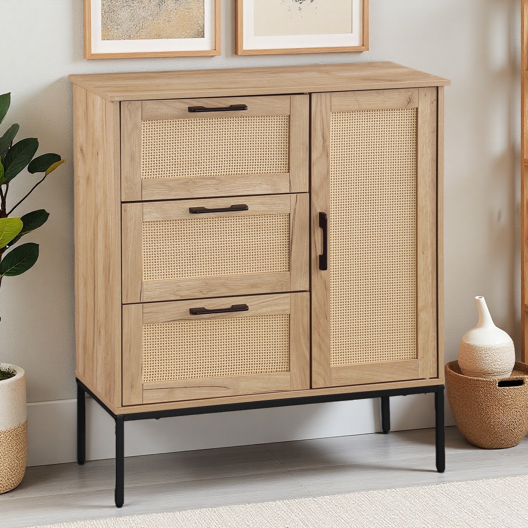 Mid-Century Storage Cabinet with 3 Drawers, Rattan Doors & Adjustable Shelves, Living & Dining Room Organizer