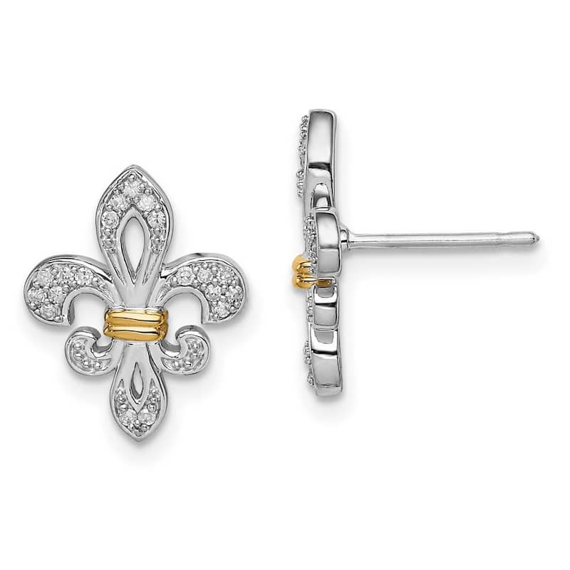 Curata 925 Sterling Silver Polished and 14k Yellow Gold Diamonds Fleur De Lis Post Earrings - 15x11mm Wide