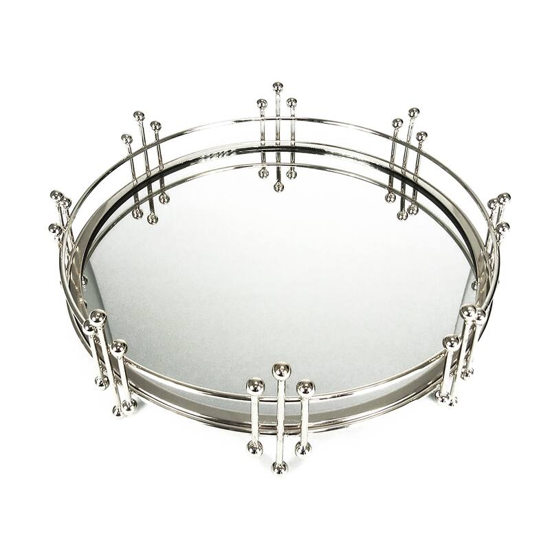 Silver Radiant Round Metal Mirror Decorative Tray Serving Platter