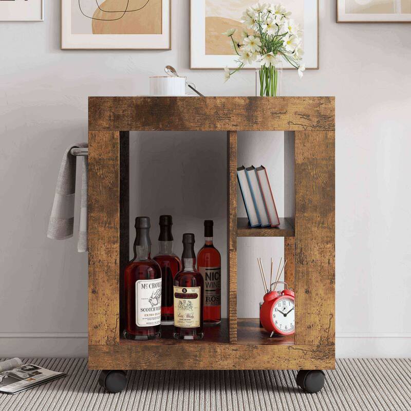 Rolling Sofa Side Table with Storage Compartments, Magazine Rack & Handle - Multi-Purpose Home Organizer