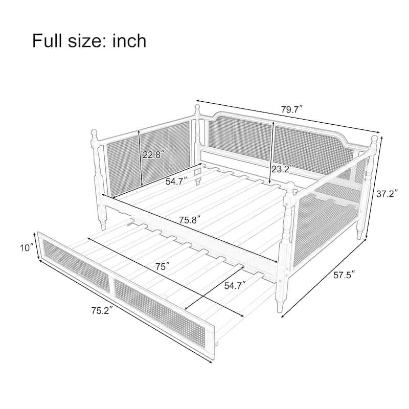 Twin/Full Rattan Bed Frame with Twin Size Trundle & Curved Headboard, Wood Bedframe Daybed for Limited Space, Bedroom Guest Room