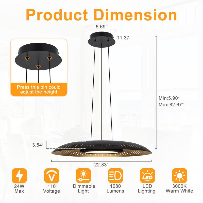 23.6" Modern Dimmable LED Pendant Light with Laser Cut Gold Foil Shade