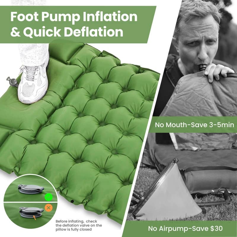 Camping Inflatable Sleeping Pad With Pillow Foot Pump & Carry Bag