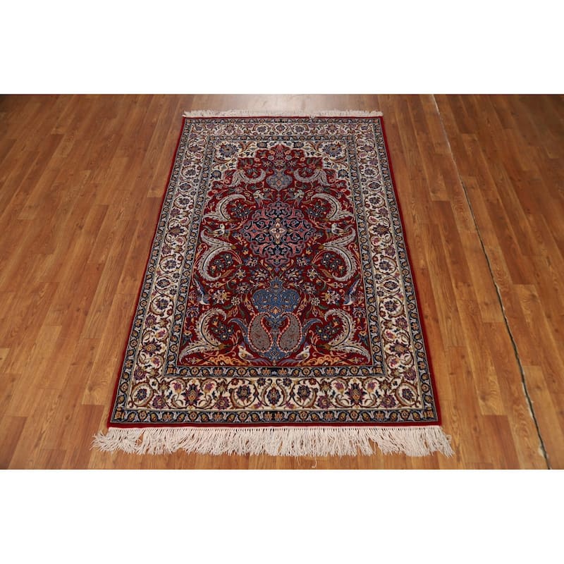 Vegetable Dye Red Wool & Silk Isfahan Persian Rug Hand-Knotted - 3'7"x 5'7"