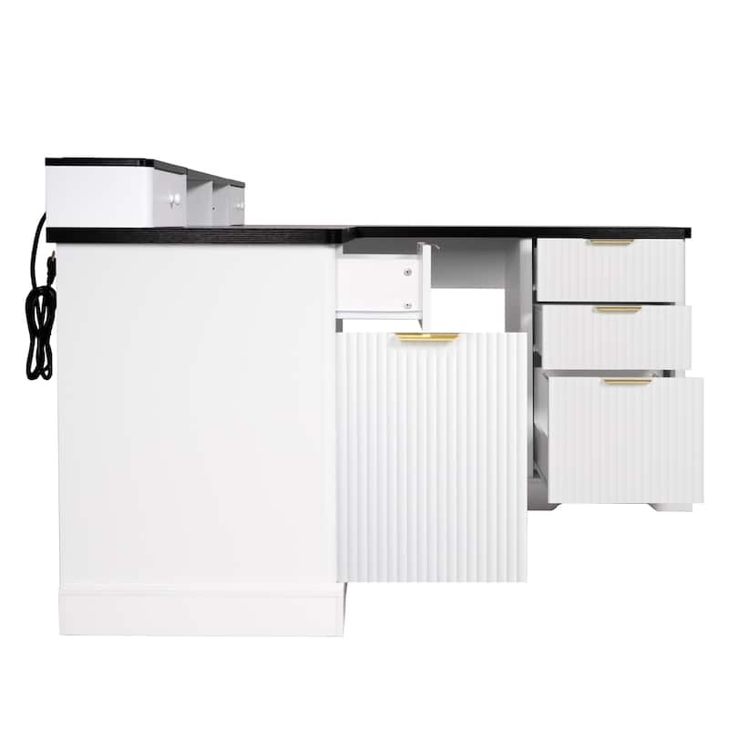 Executive L Shaped Desk Home Office Desk with Charging Station, Corner Computer Desk with Monitor Stand, Drawer, Storage Cabinet