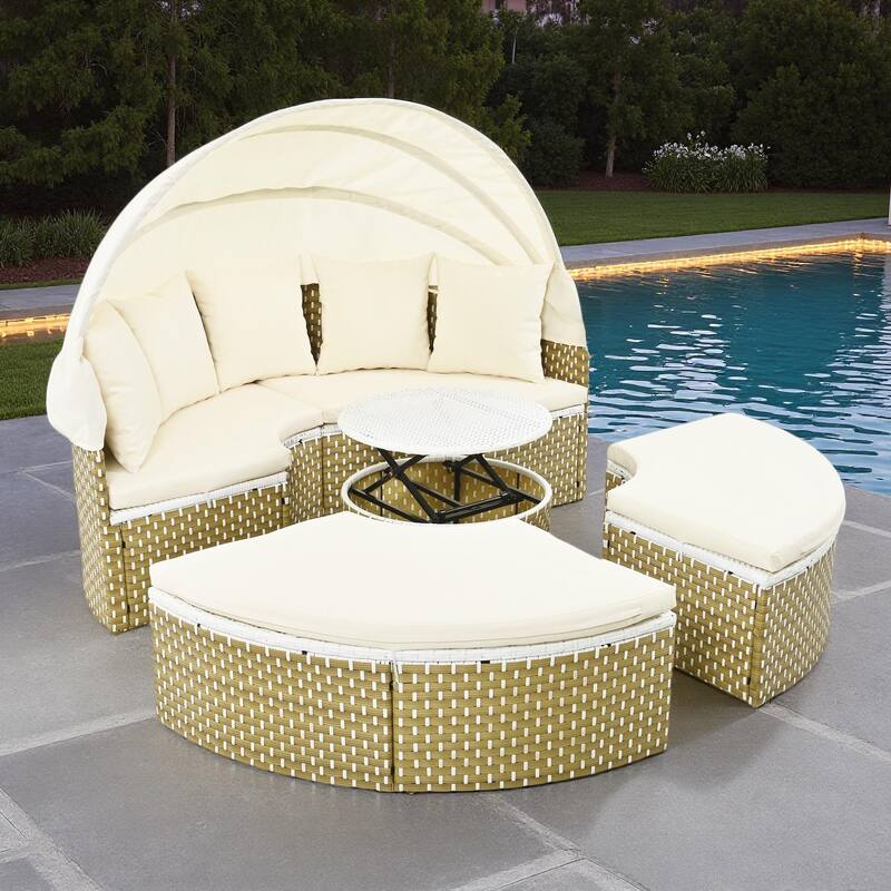 4-Pieces Outdoor Patio Rattan Round Daybed Sunbed with Retractable Canopy and Table - Beige