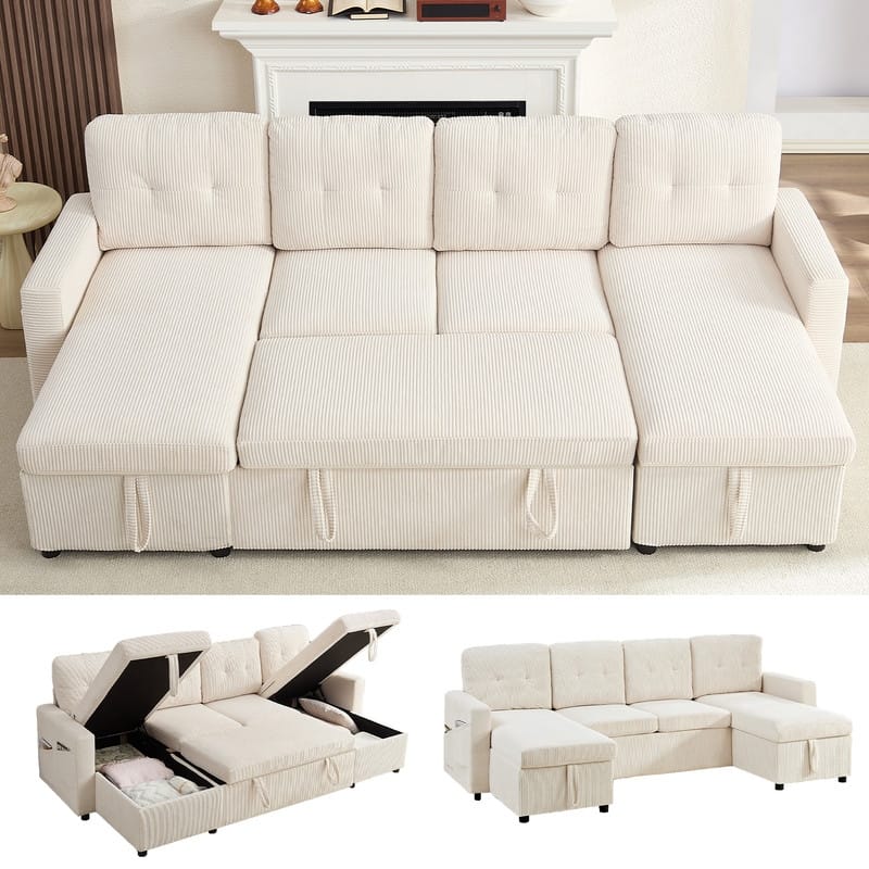 W103" Corduroy 4-Seater Modular Sleeper Sofa Bed with Storage Chaise,U-shaped Sofa with Pull-out Bed - Beige - 4-Seater 