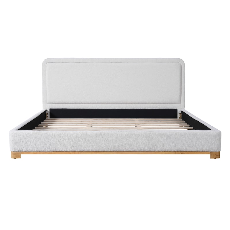 Modern King Size Bed Frame with Curved Headboard, Boucle Upholstery, and Solid Wood Base