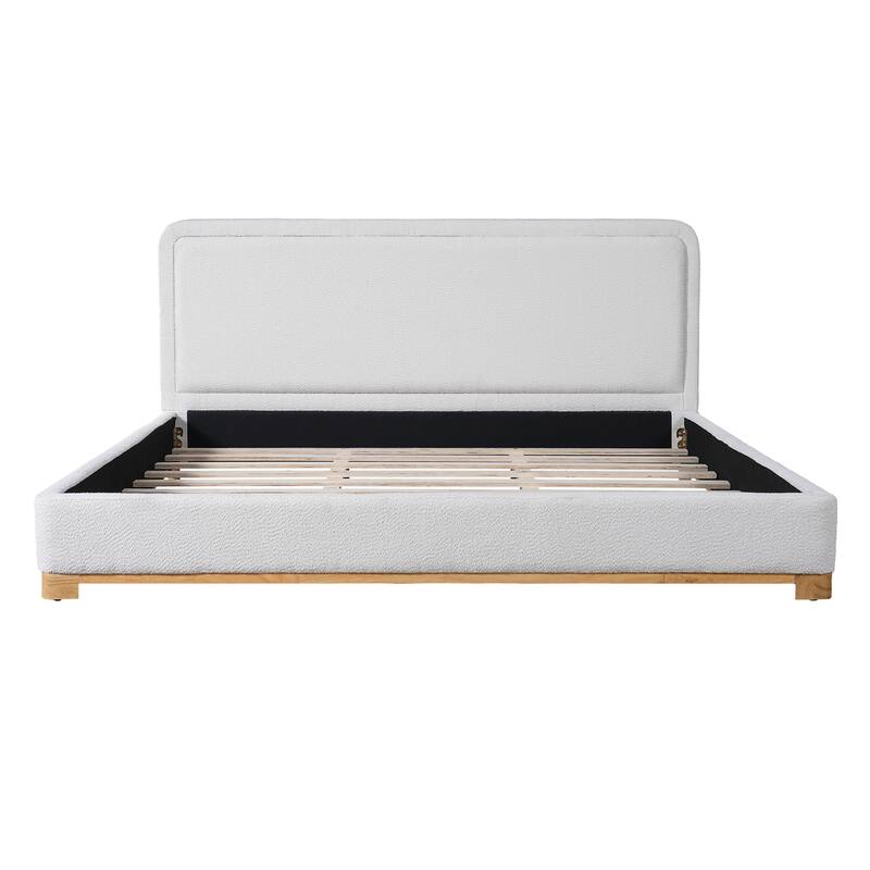 White Platform Bed Wingback Frame with Boucle Upholstered Curved Headboard, Solid Wood Base Low Profile Bed
