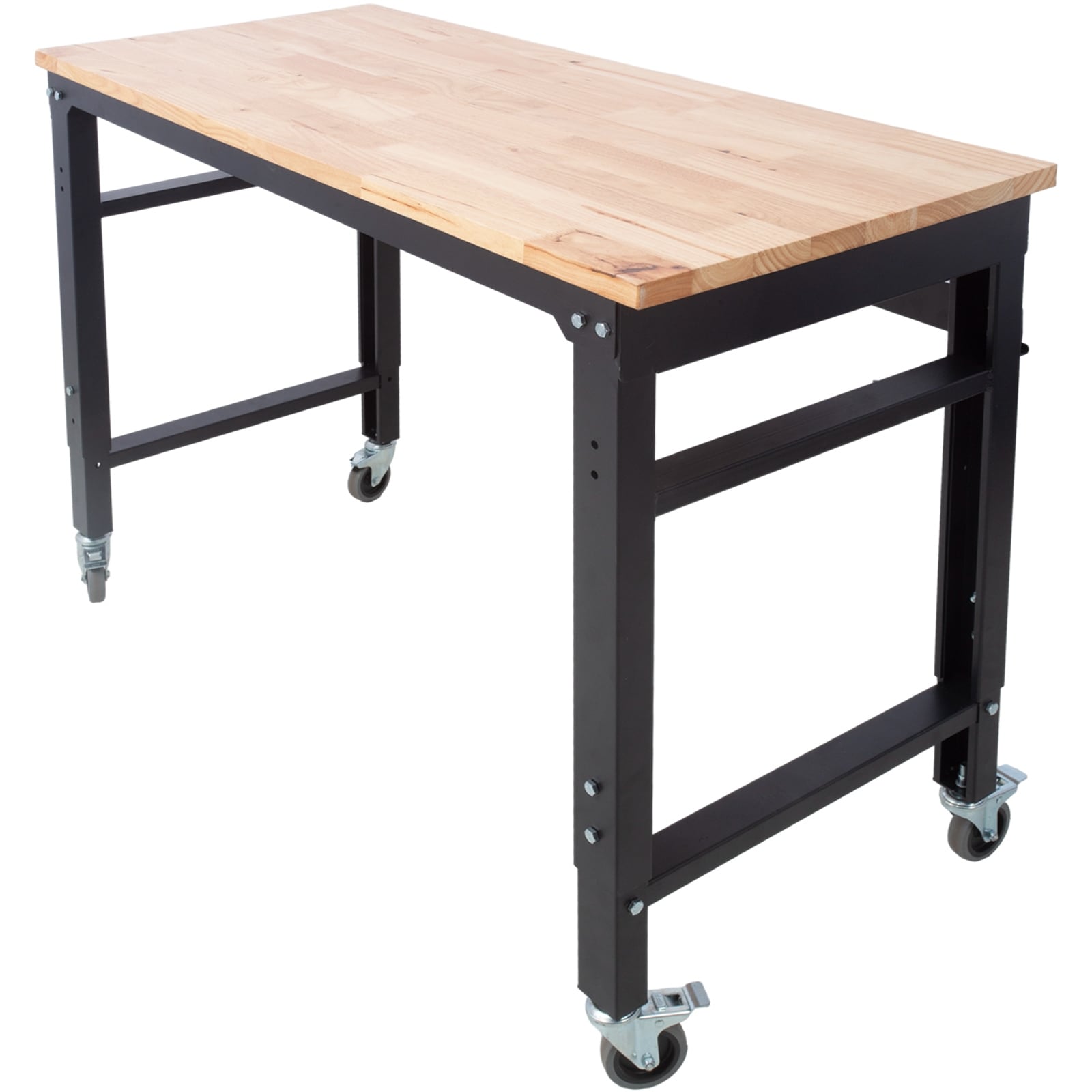 Rolling Workbench With Adjustable Height And Rubber Wood Top For Garage