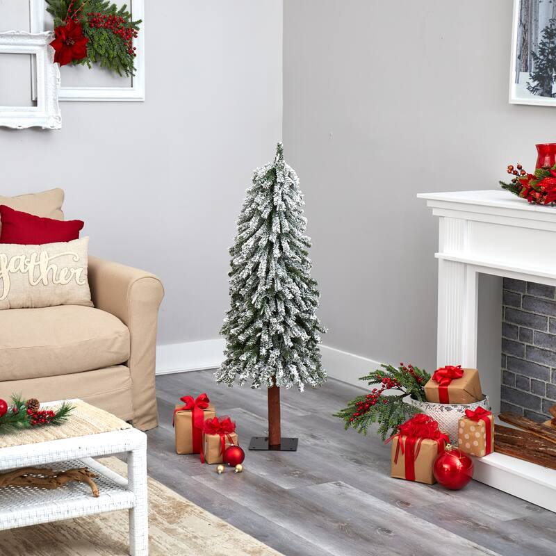 4’ Pre-Lit Flocked Grand Alpine Artificial Christmas Tree, Clear LED Lights - 4 Foot