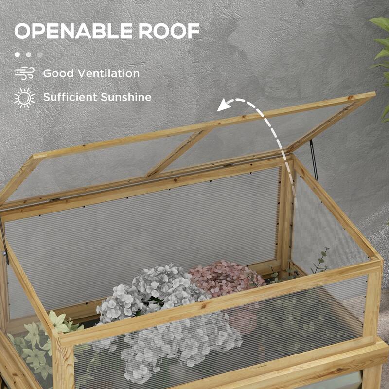 Outsunny Raised Garden Bed with Polycarbonate Greenhouse, Lean-to Garden Wooden Cold Frame Greenhouse