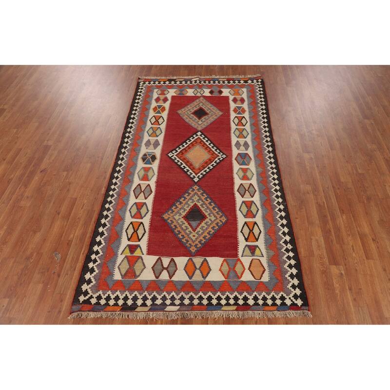 Kilim Qashqai Persian Vintage Rug Flatweave Tribal Red Wool Carpet - 4'5"x 8'1"