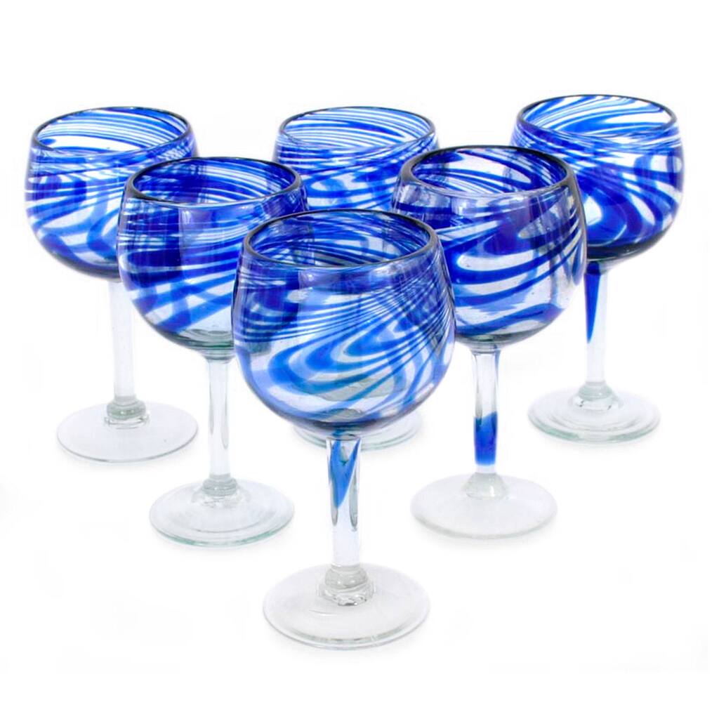 NOVICA Artisan Handblown Recycled Wine Glasses Mexican Cocktail Drinkware 'Blue Ribbon'(Set of 6)