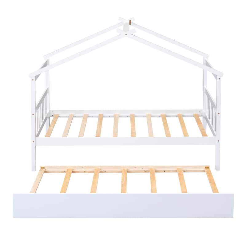 Twin/Full House Bed with Pull-Out Trundle, Solid Pine Wood Frame for Sleepovers