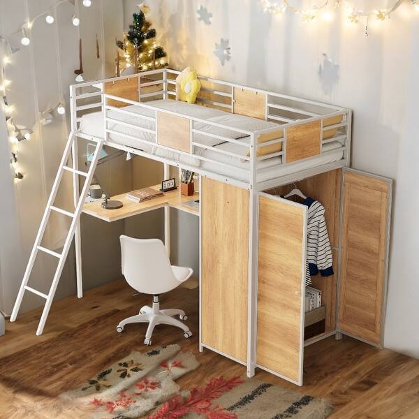 slide 2 of 20, Twin Size Loft bed with L-shape Desk and Wardrobe