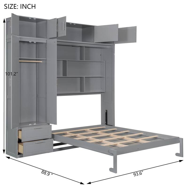 Queen Size Murphy Bed with Cabinet & Wardrobe - Space Saving Wall Bed with Shelves, Foldable Bed for Small Rooms & Home Office