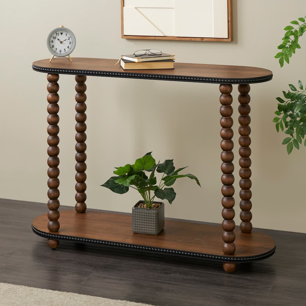 Brown Wood Oval Spindle 1 Shelf Console Table with Beaded Edges