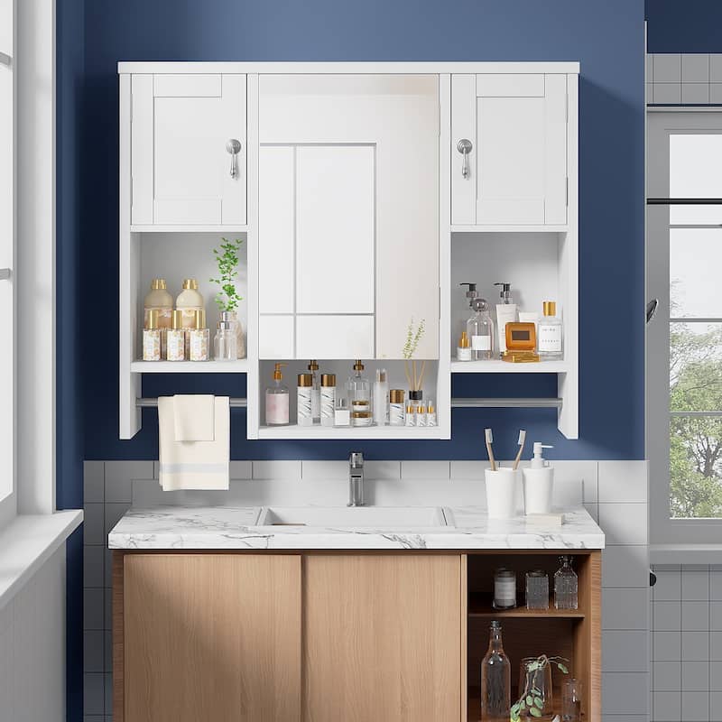 VECELO Bathroom Medicine Mirror Cabinet Wall Mounted Bathroom Storage Adjustable Shelf with 2 Towel Bars & Silver Hardware