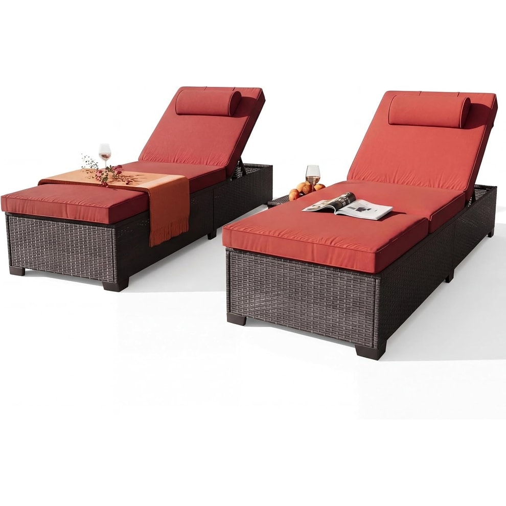 Set of 2 PE Rattan Chaise Lounge Chairs, 5-Position Adjustable Backrest, Cushions & Side Table, Pool Patio, Beige