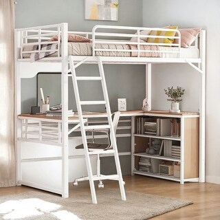 Contemporary Full Size Metal Loft Bed with 3 Layers of Shelves and L-shaped Desk, Versatility galore, Maximized space, White