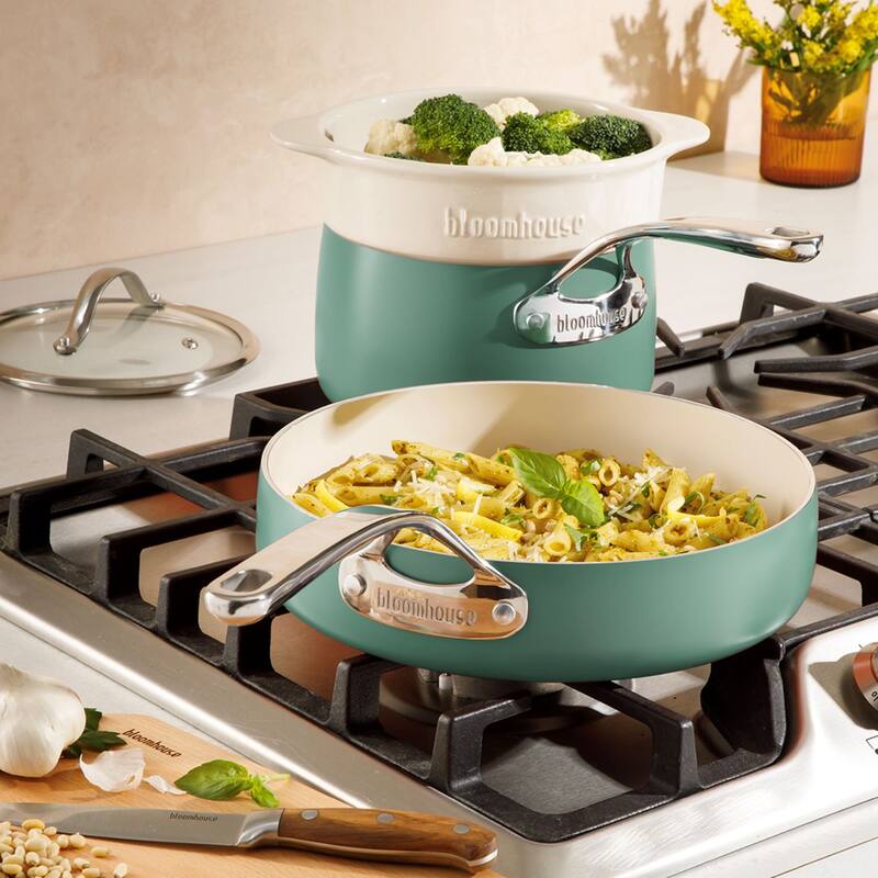 Bloomhouse 4-Piece Aluminum Cookware Set w/ Non-Stick Non-Toxic Ceramic Interior and Ceramic Steamer Insert