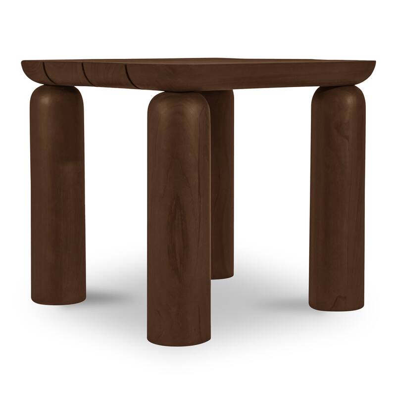 NADAAL STUDIOS Thalira Outdoor Side Table, Slatted Top in Solid Teak, Sculptural Form, Brown Finish