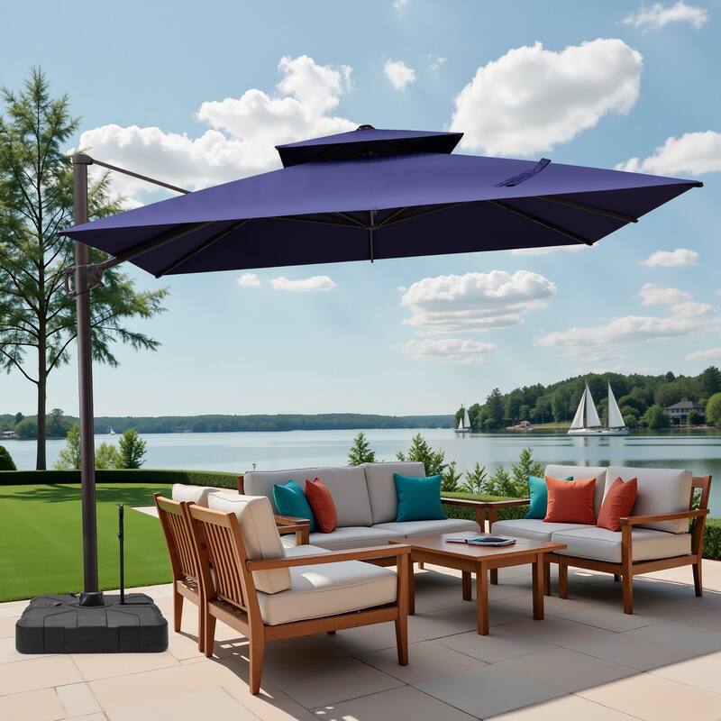 9 ft x 11 ft Outdoor Patio Dual Top Cantilever Offset Umbrella with Rod Base - Navy Blue