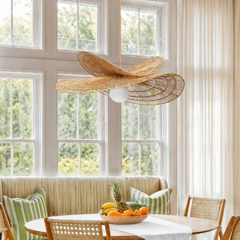 Whisper Rattan Pendant Light Natural Large Sculptural 1-Light Handwoven Light Fixture For Modern, Coastal, Farmhouse Room Décor.