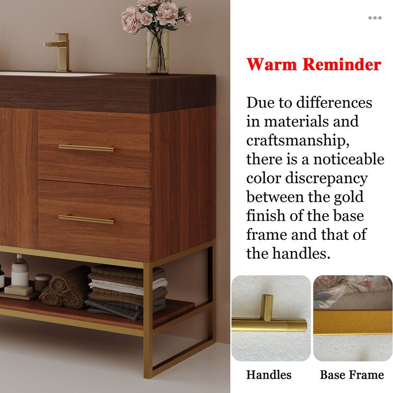 36" Modern Bathroom Vanity - Free Standing with Seamless Ceramic Sink & Gold Accent