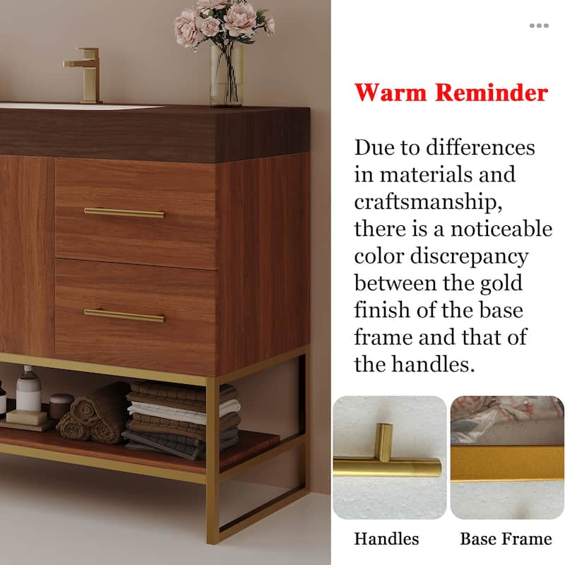 36 Inch Modern Bathroom Vanity with Seamless Ceramic Sink, Freestanding Cabinet with Gold Accents and Storage