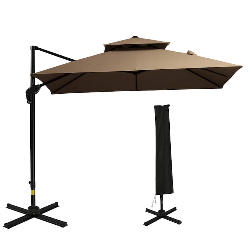 Cantilever outdoor patio umbrella with crank handle and cross base - Coffee