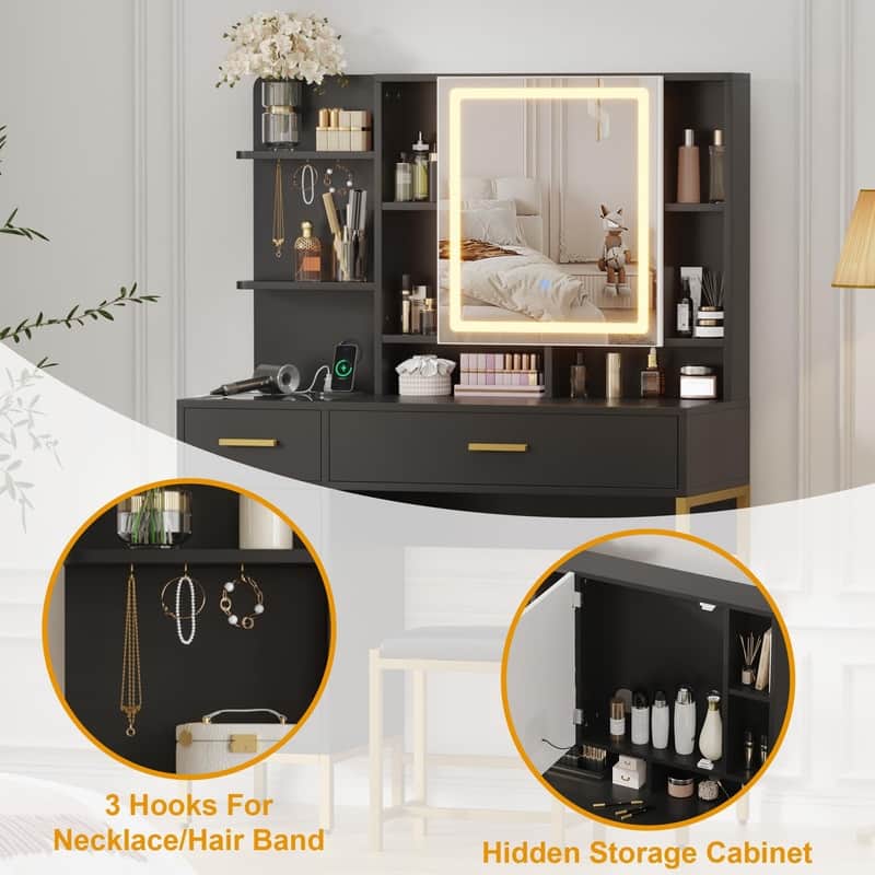 Vanity Table with LED Mirror, Stool, Shelves, Drawers, Cabinets, Charging Station