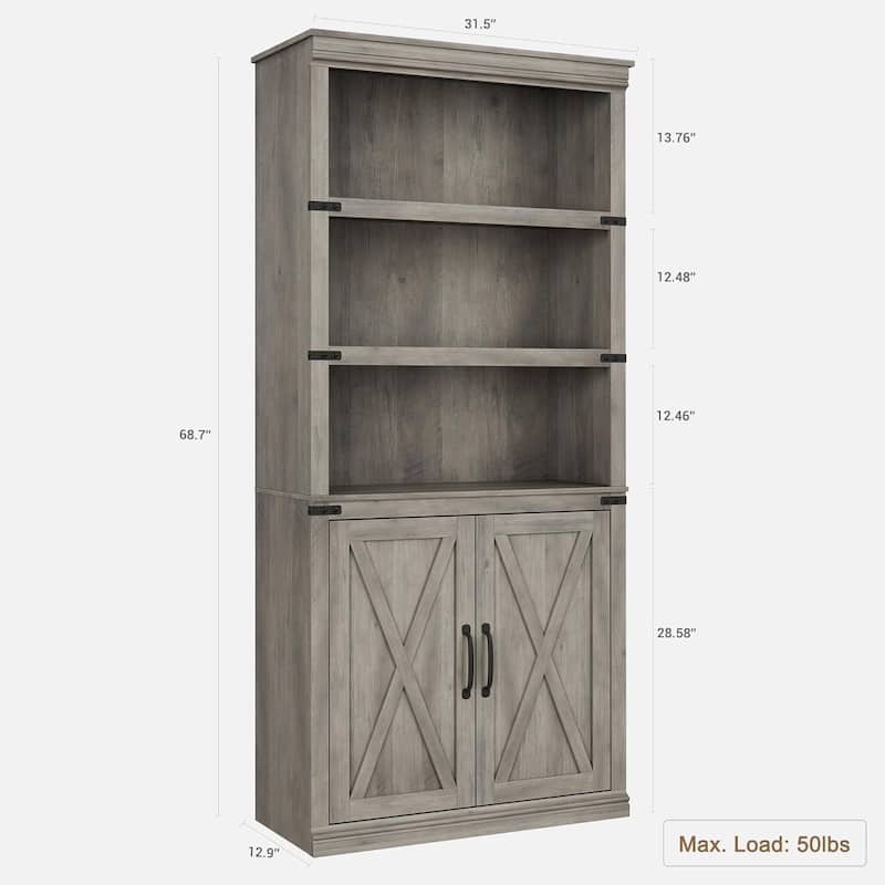 5 Tier Vintage Bookshelf Tall Farmhouse Bookcase with Doors - N/A