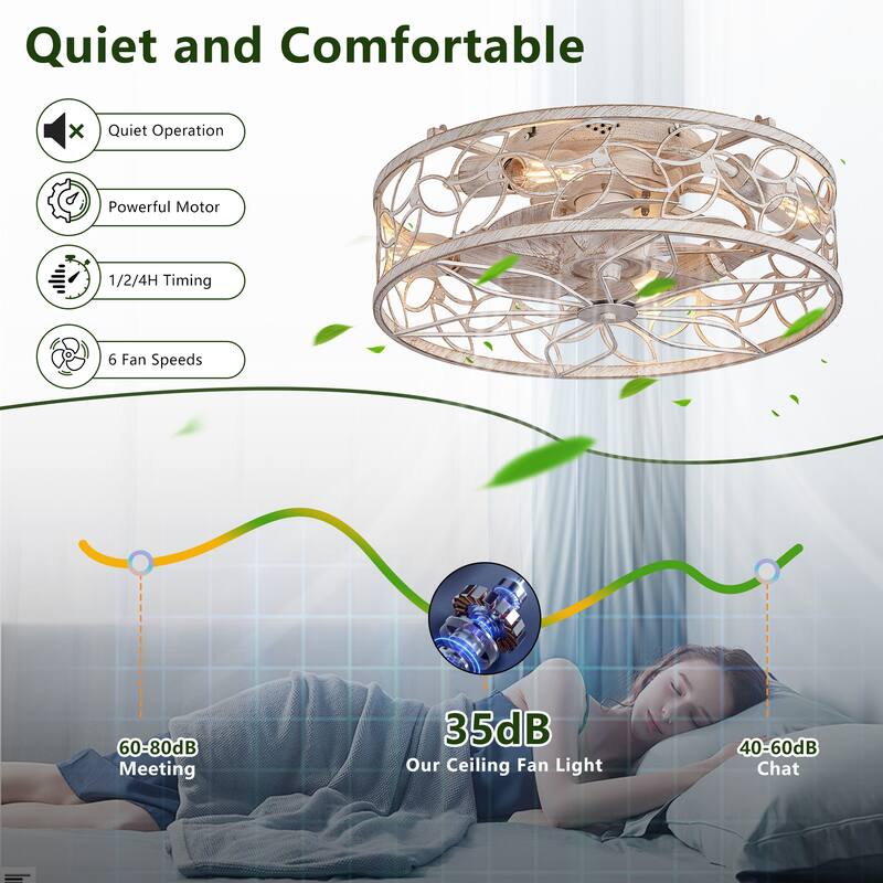 Vintage Cage Ceiling Fan Light with 6 Speed Wind Adjustment and Remote Control, DC Reversible Motor for Bedroom and Living Room