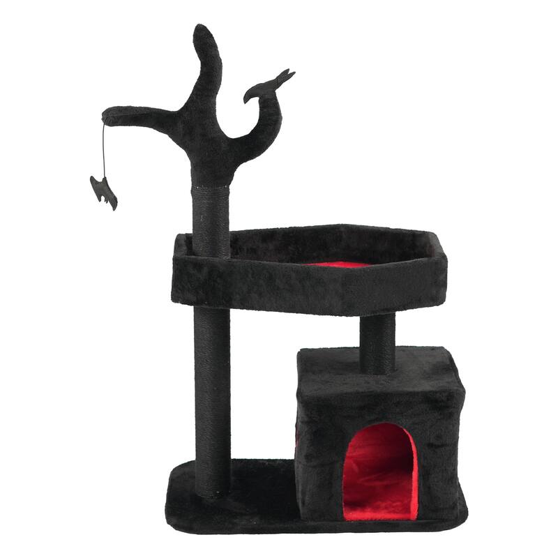 44" Gothic Cat Tree Tower with Condo, Coffin, Scratching Posts & Toys - 26.8 x 15.7 x 44.5 In