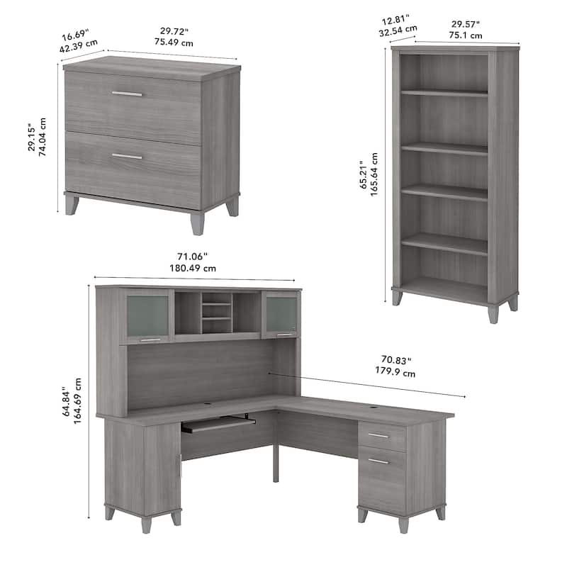 Somerset 72W L Shaped Desk with Hutch, Cabinet and Bookcase in Gray