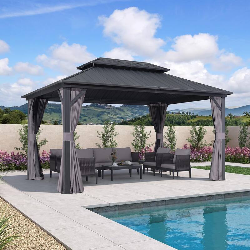 PURPLE LEAF Gazebo Outdoor Gazebo with Dual-Layer Galvanized Steel Double Roof Aluminum Gazebo with Netting and Curtains Grey - 10ft x 14ft
