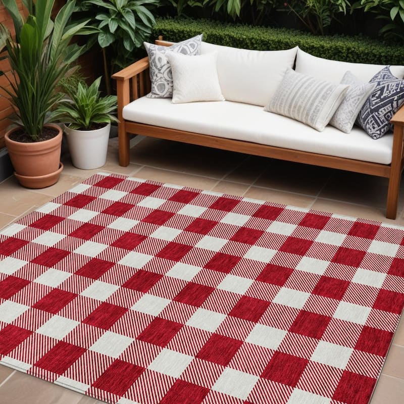 HomeRoots Plaid Transitional Rectangle Outdoor Rug - 9' X 12'